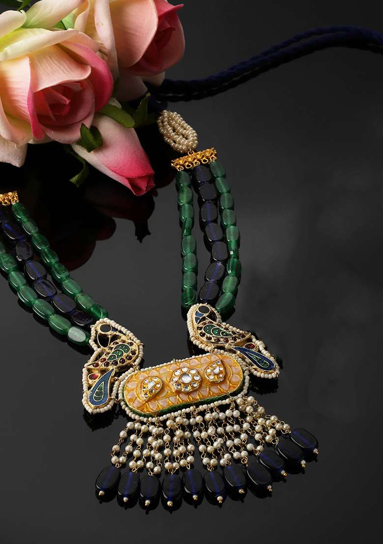 Blue And Yellow Kundan Pearl Necklace - Indya