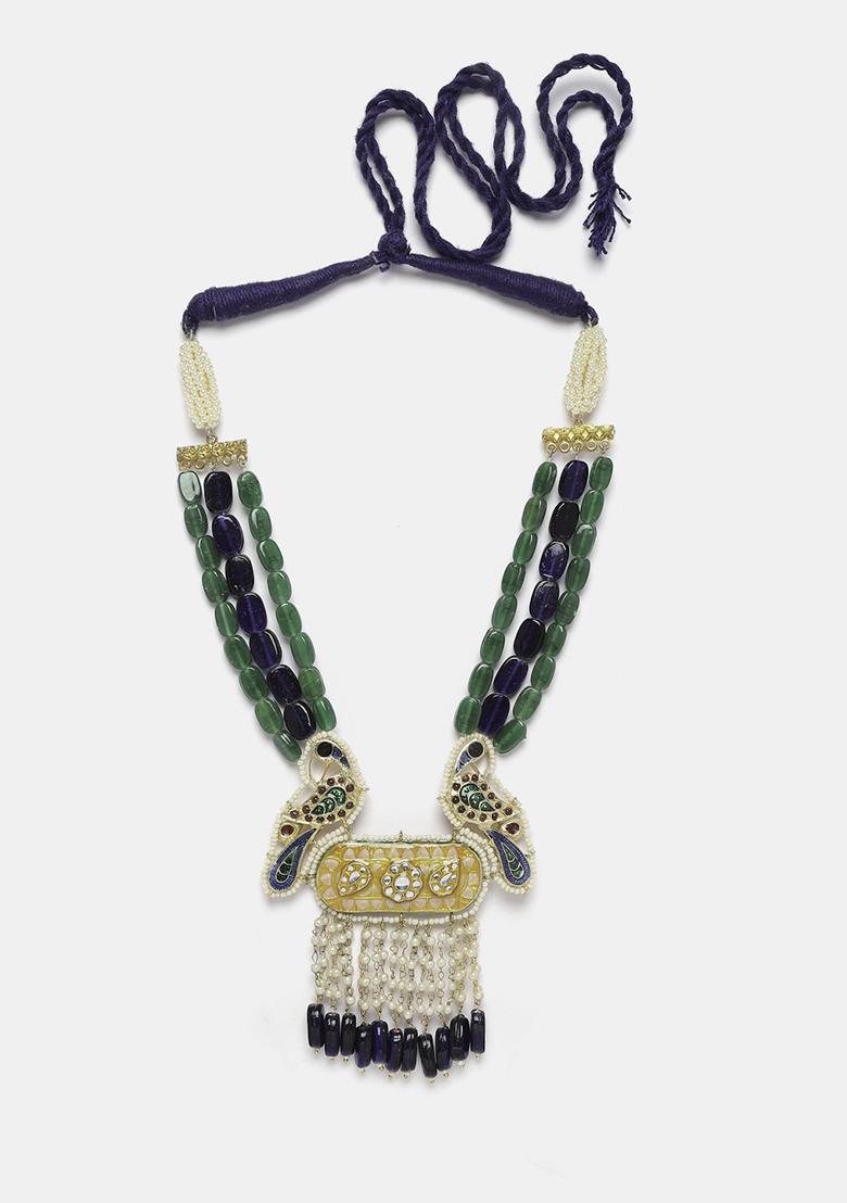 Blue And Yellow Kundan Pearl Necklace