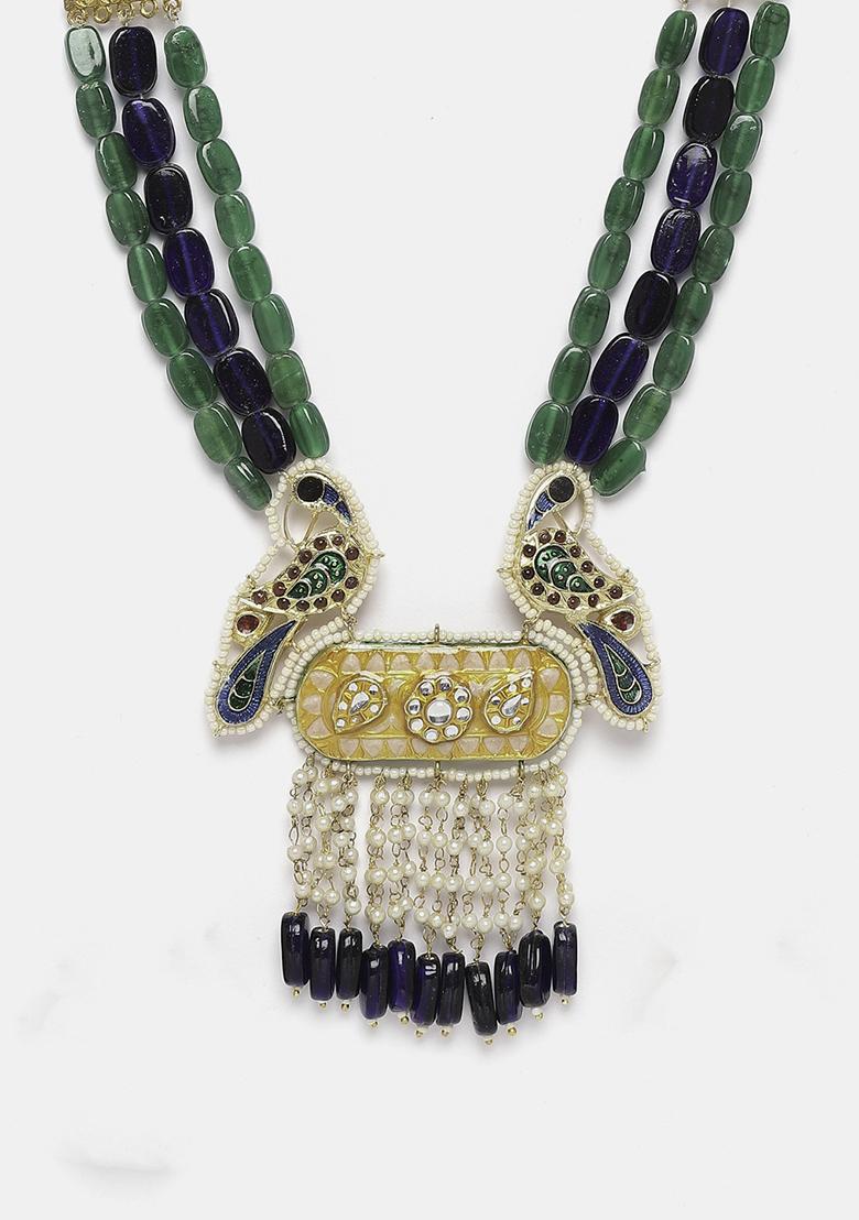 Blue And Yellow Kundan Pearl Necklace
