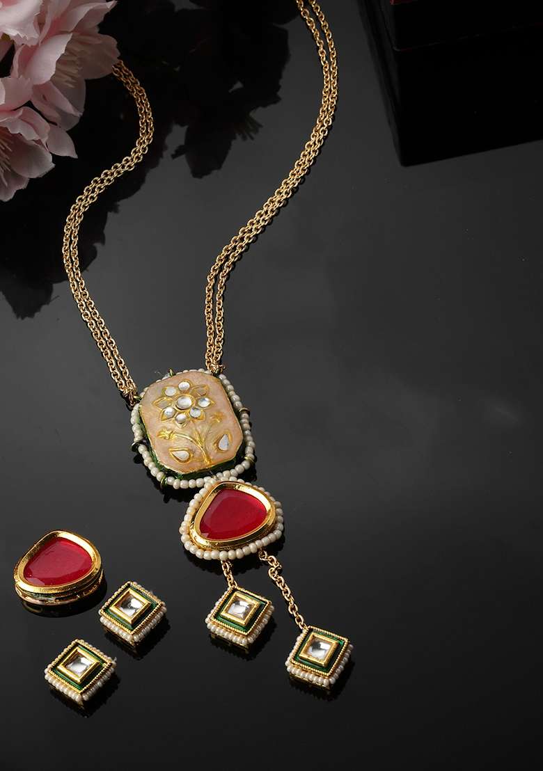 Red And Peach Kundan Pearl Necklace - Indya