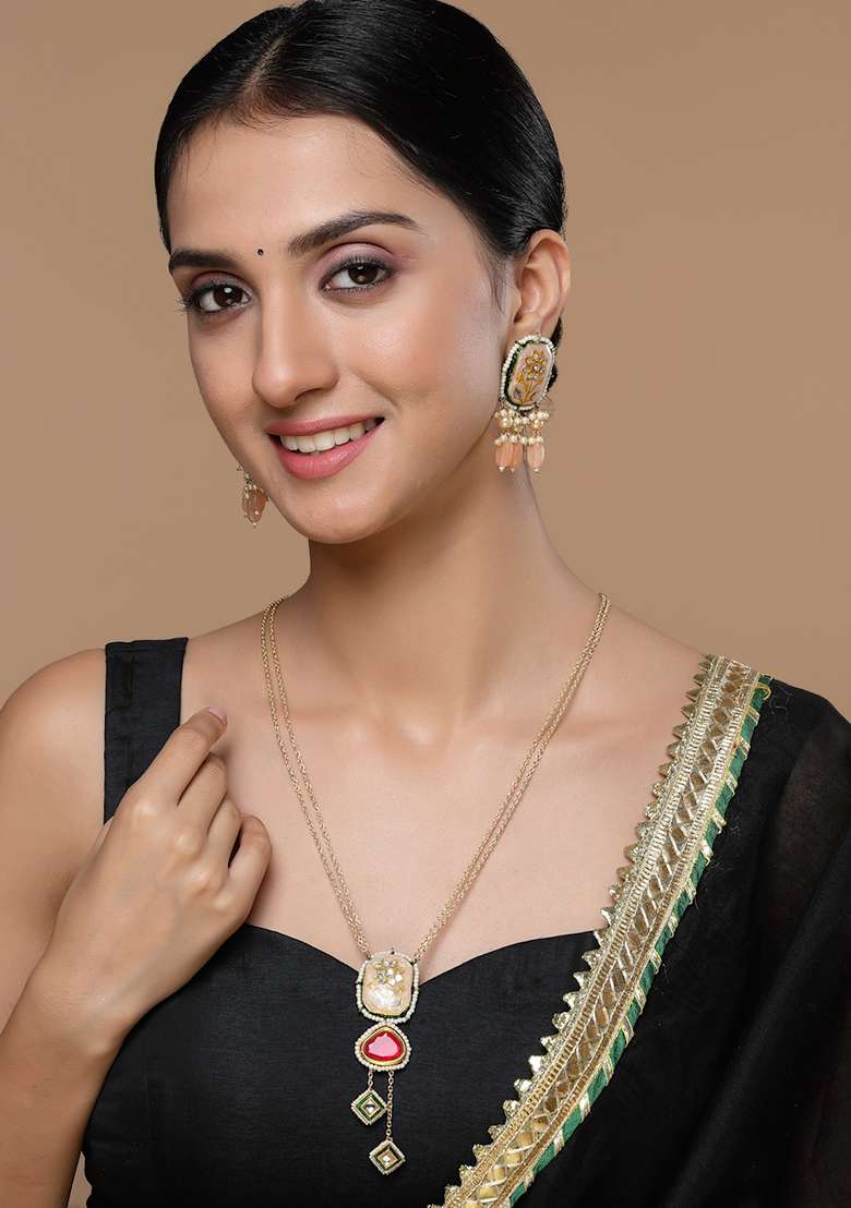 Red And Peach Kundan Pearl Necklace - Indya
