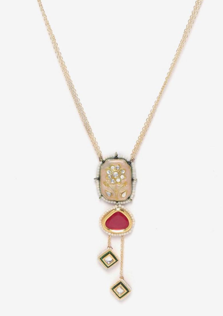 Red And Peach Kundan Pearl Necklace