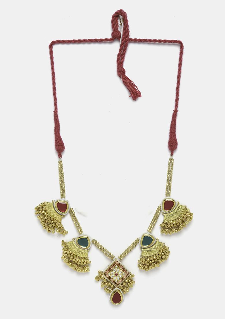 Gold Finish Red And Green Stone Pearl Necklace