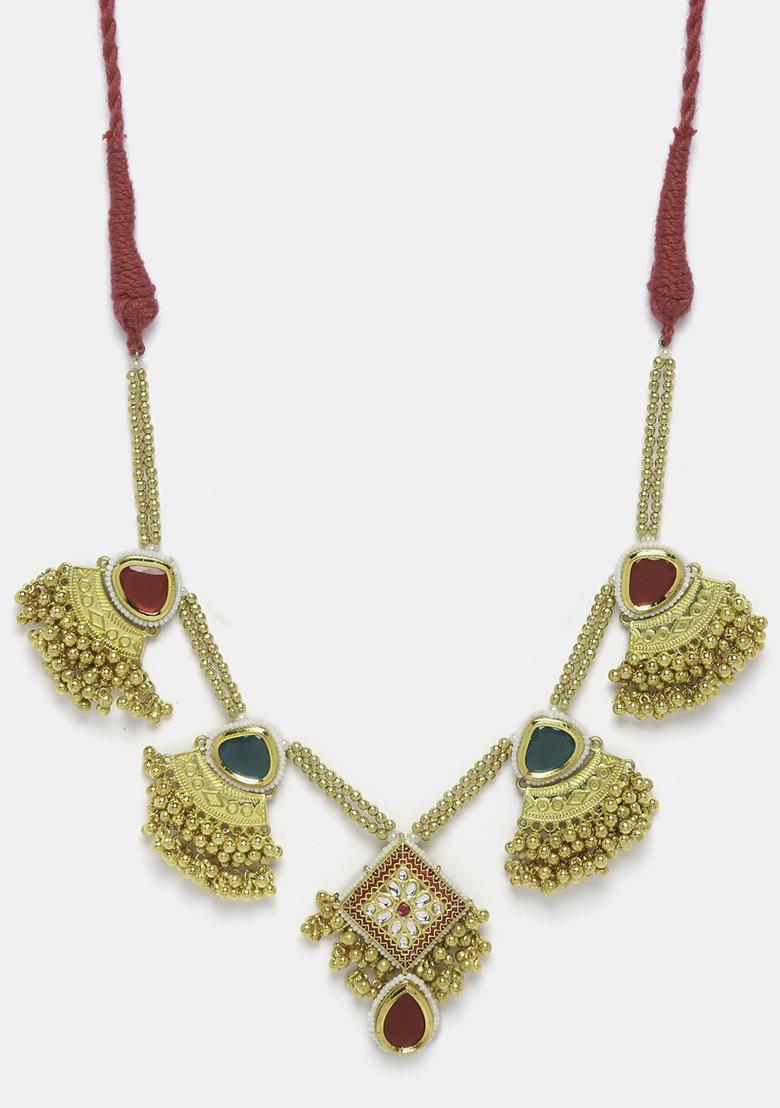 Gold Finish Red And Green Stone Pearl Necklace