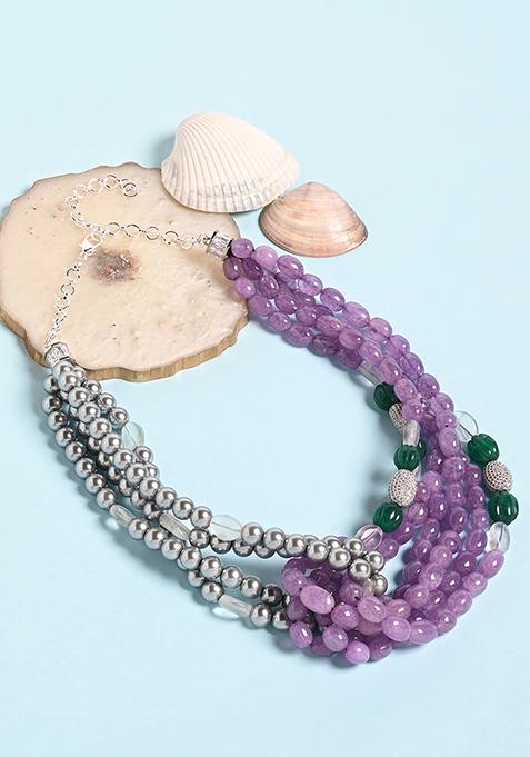 Purple And Grey Beaded Layered Necklace