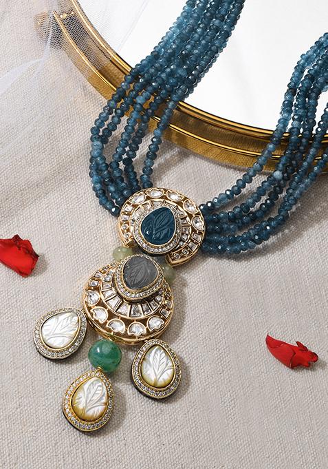 Gold Finish Azure Blue Beaded Necklace