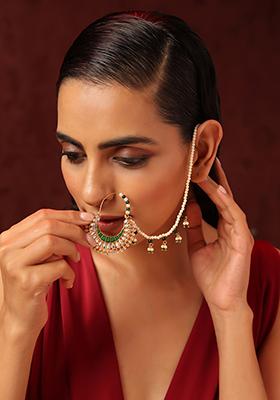 Green Gold Tone Kundan Nose Ring