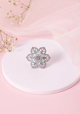 Silver Finish Zirconia And Aqua Stone Floral Ring 
