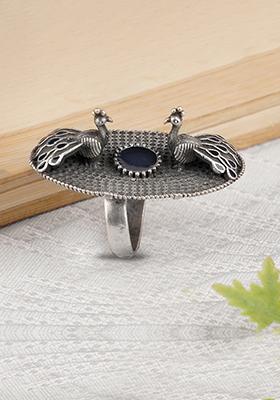 Silver Tone Peacock Motif Brass Ring
