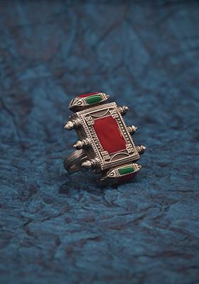 Silver Finish Red Stone Brass Ring
