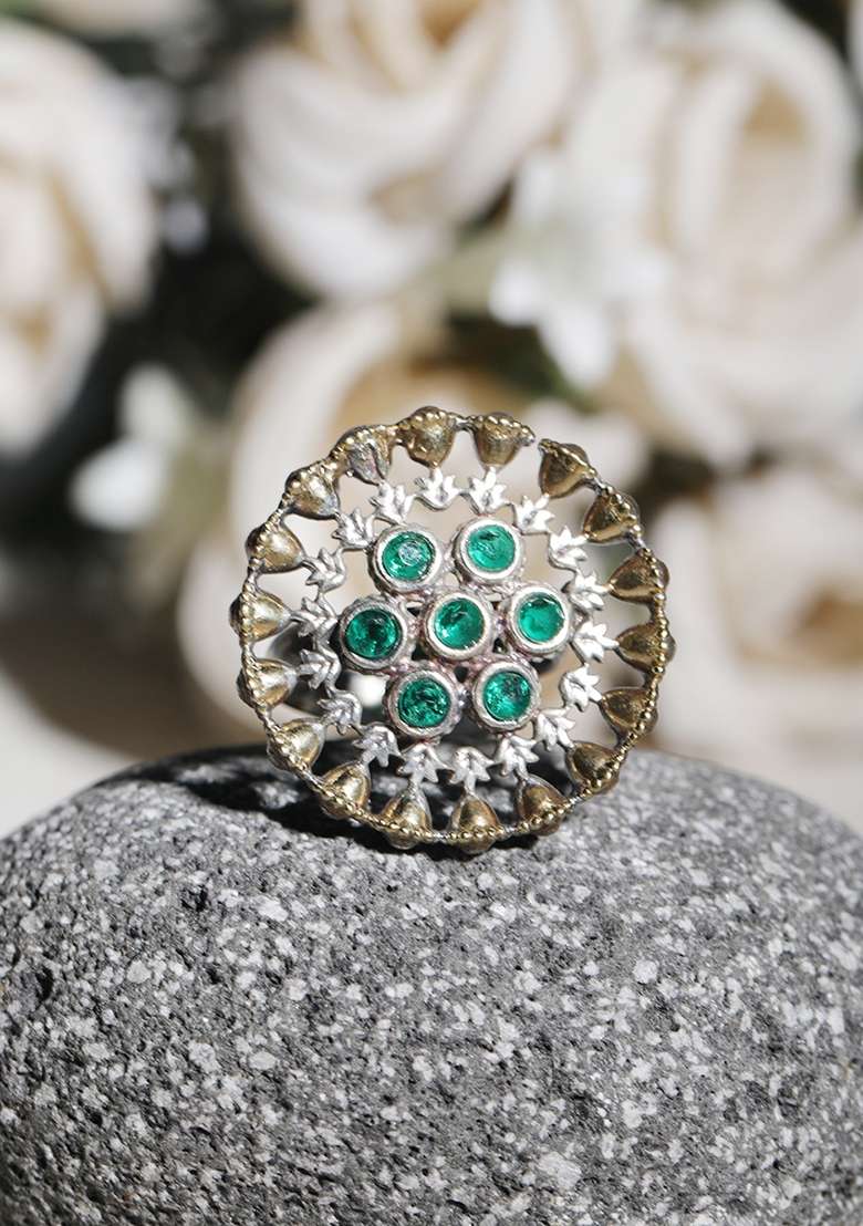 Green Adjustable Dual Tone Brass Ring - Indya