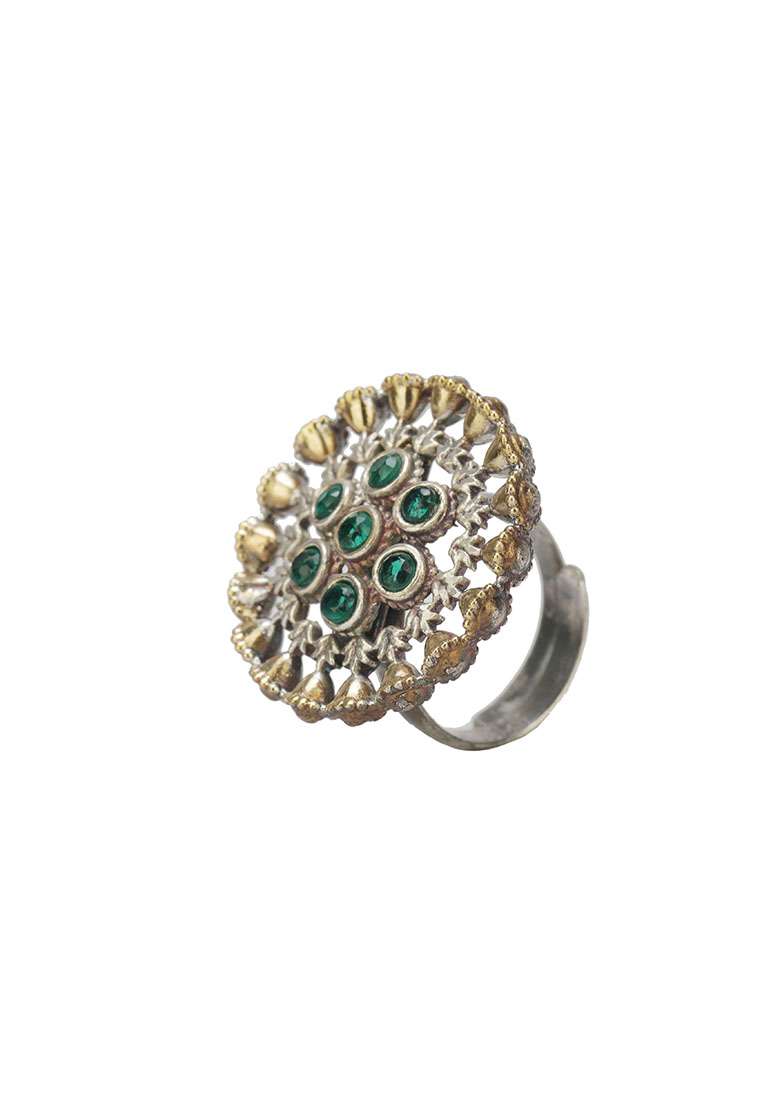 Green Adjustable Dual Tone Brass Ring - Indya