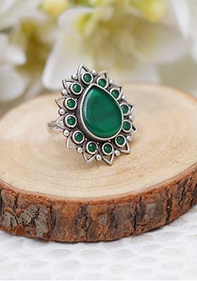 Green Silver Tone Tribal Brass Adjustable Ring