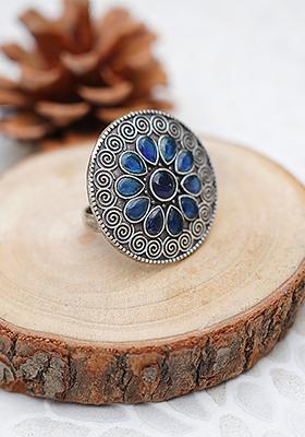 Blue Silver Tone Tribal Brass Adjustable Ring