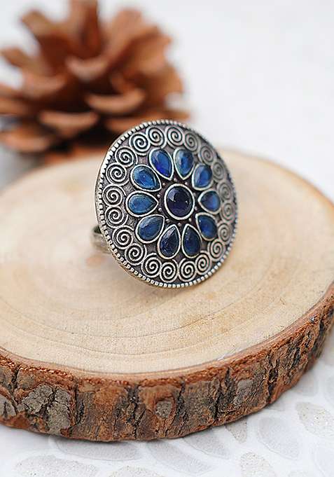 Blue Silver Tone Tribal Brass Adjustable Ring