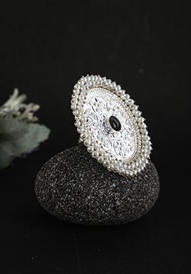 Silver Tone Black Bead Round Ring