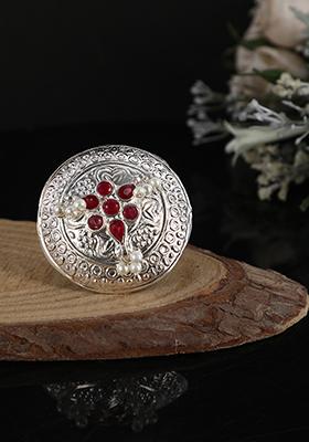 Silver Tone Red Stone Ring