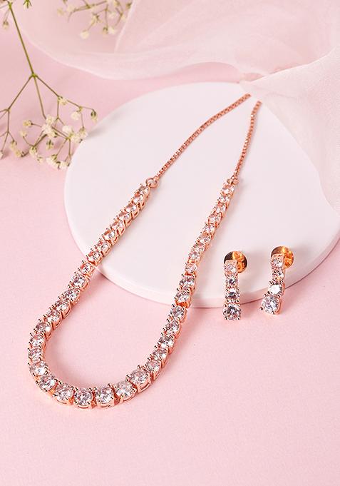 Gold Finish Zirconia Necklace And Earrings Set 