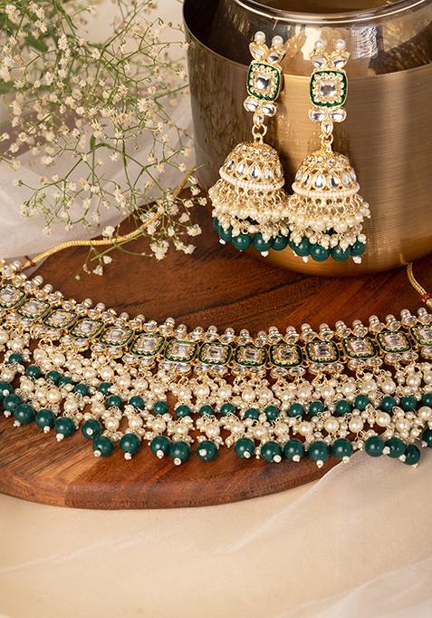 Gold Finish Kundan And Green Bead Necklace And Earrings Set