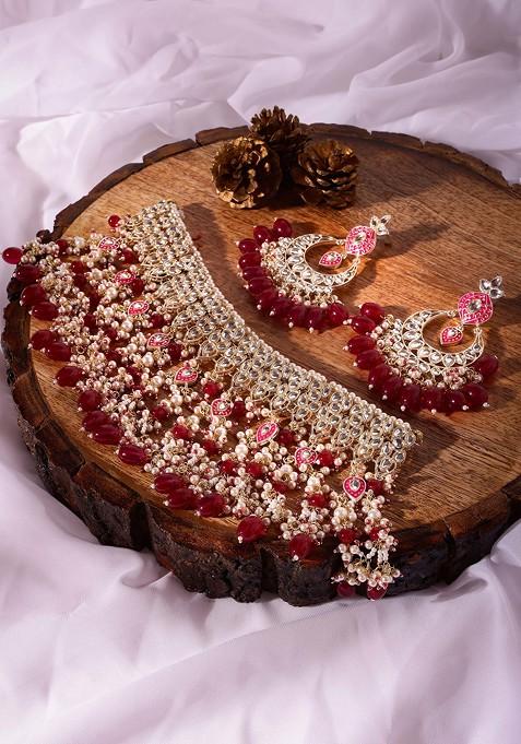 Gold Finish Kundan Red And Pink Bead Necklace And Earrings Set