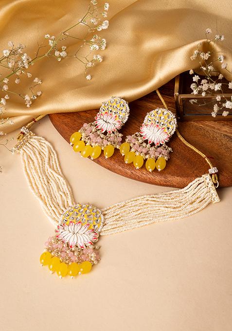 Gold Finish Meenakari And Yellow Bead Necklace And Earrings Set
