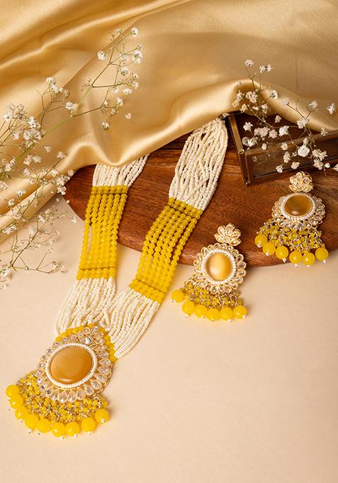Gold Finish Kundan Yellow And White Bead Necklace And Earrings Set
