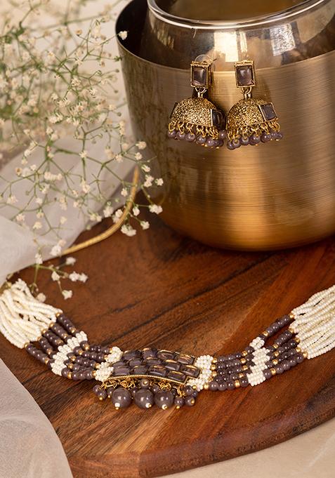 Gold Finish Kundan And Purple Bead Choker Necklace And Earrings Set