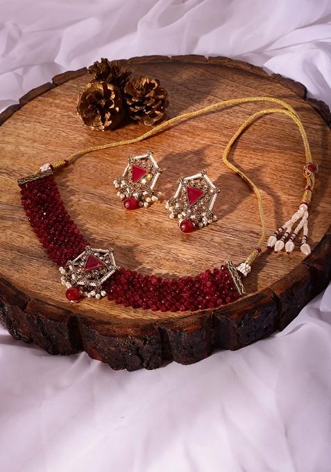 Gold Finish Kundan And Red Bead Choker Necklace And Earrings Set