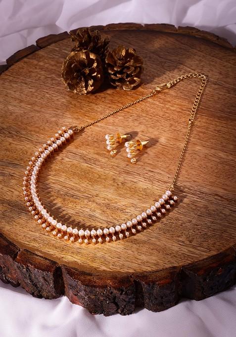 Gold Finish White And Red Pearl Necklace And Earrings Set