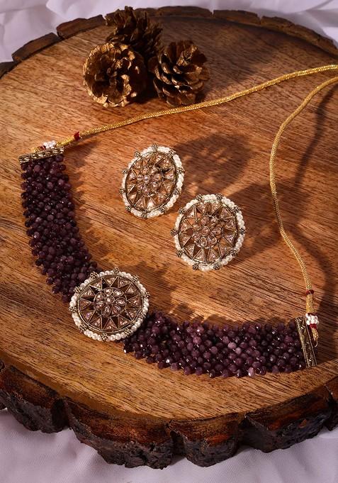 Gold Finish Purple Bead Choker Necklace And Earrings Set