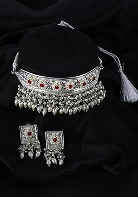 Silver Tone Red Stone Necklace And Earrings Set