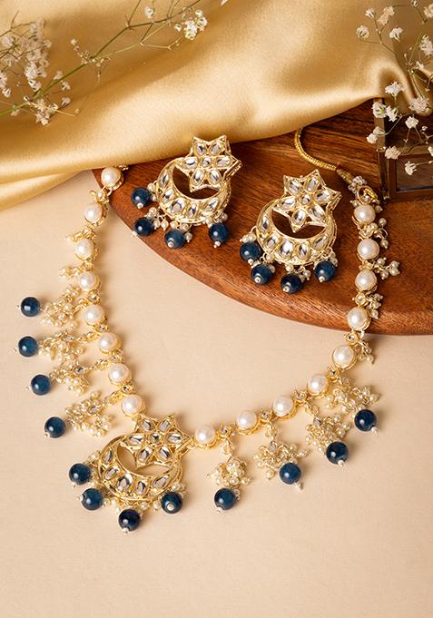 Gold Finish Kundan And Blue Bead Necklace And Earrings Set