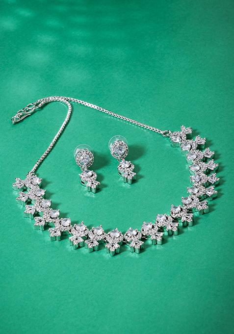 Silver Finish Zirconia Solitaire Necklace And Earrings Set