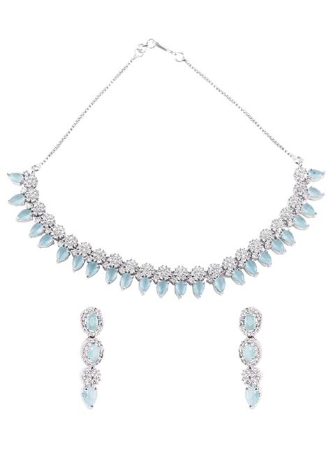 Silver Finish Zirconia Abstract Necklace And Earrings Set