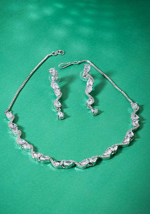 Silver Finish Zirconia Baguette Necklace And Earrings Set