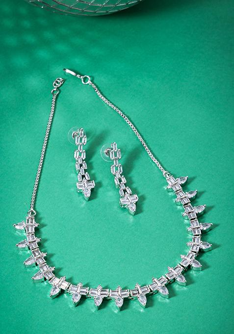 Silver Finish Zirconia Necklace And Earrings Set