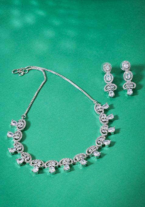 Silver Finish Zirconia Teardrop Necklace And Earrings Set