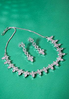 Silver Finish Zirconia Chain Link Pink Stone Necklace And Earrings Set
