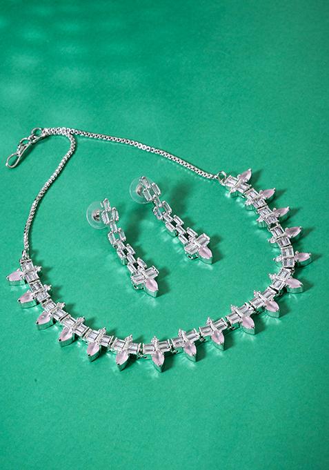 Silver Finish Zirconia Chain Link Pink Stone Necklace And Earrings Set