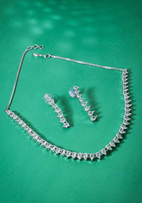 Silver Finish Zirconia Chain Link Necklace And Earrings Set