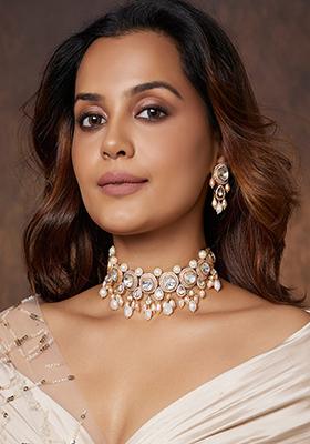 Pearl Necklace Set  White Pearl and Swarovski Crystal  For Saree or Gown   Fiona Pendant Set by Blingvine