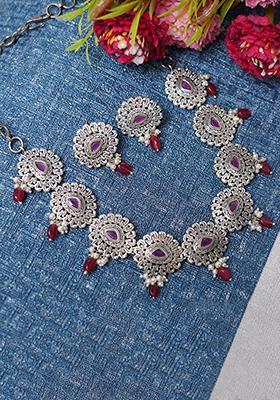 Silver Tone Red Bead Necklace And Earrings Set