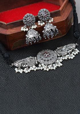 Silver Tone Brass Choker Necklace And Earrings Set