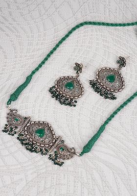 Silver Tone Leaf Motif Brass Necklace And Earrings Set