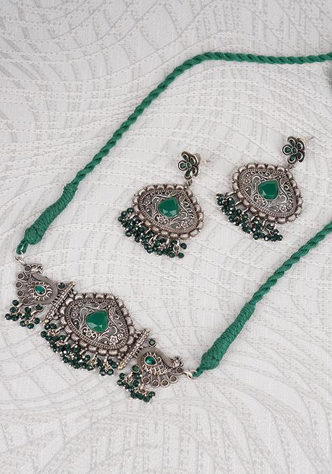 Silver Tone Leaf Motif Brass Necklace And Earrings Set