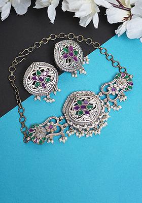 Silver Finish Pink And Green Stone Brass Necklace And Earrings Set