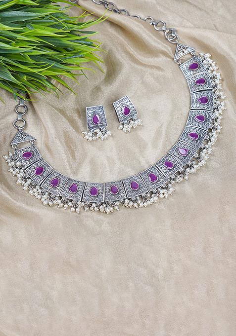 Silver Oxidized Necklace And Earrings Set