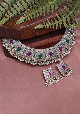 Silver Tone Multicolour Brass Necklace And Earrings Set