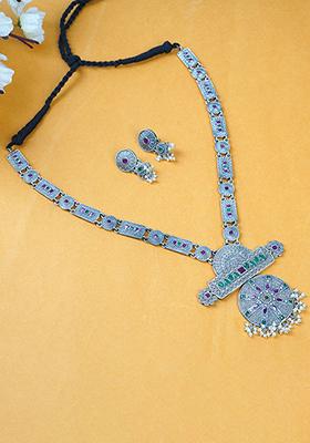 Silver Tone Long Necklace And Earrings Set