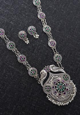 Silver Finish Handcrafted Brass Necklace And Earrings Set